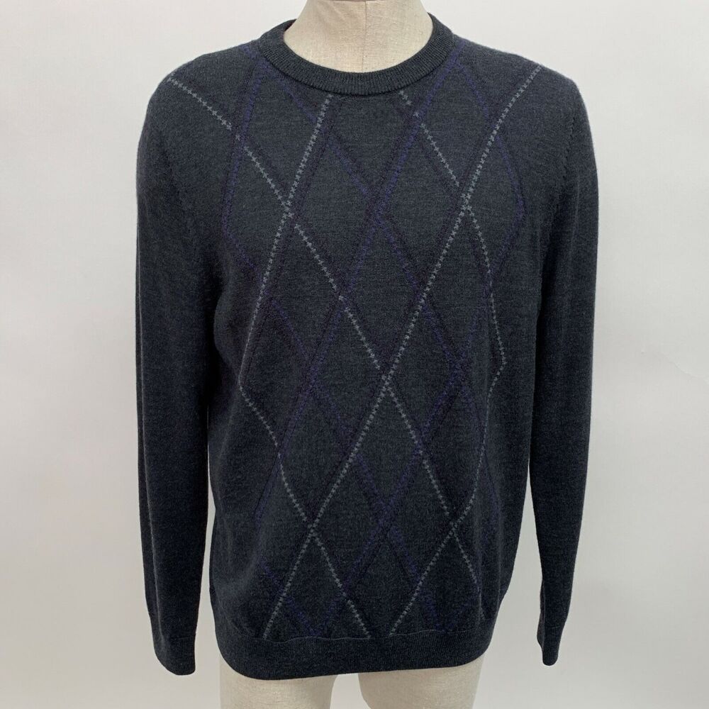 Nordstrom Men's Sweater Large Gray Purple 100% Extra Fine Merino Wool Crew Neck